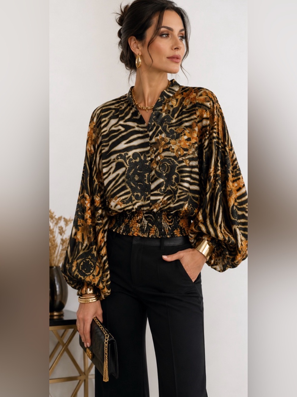 Women's Black and Gold Patterned Long-Sleeve Blouse